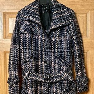 Moda International Wool Blend Belted Jacket Size Large Tweed Black/Gray/Pink